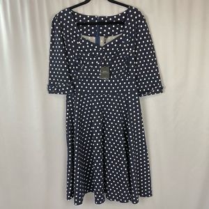 NWT Muisol Retro Style 50s Polka Dot Swing Dress Navy Women’s Sz XL Half Sleeve